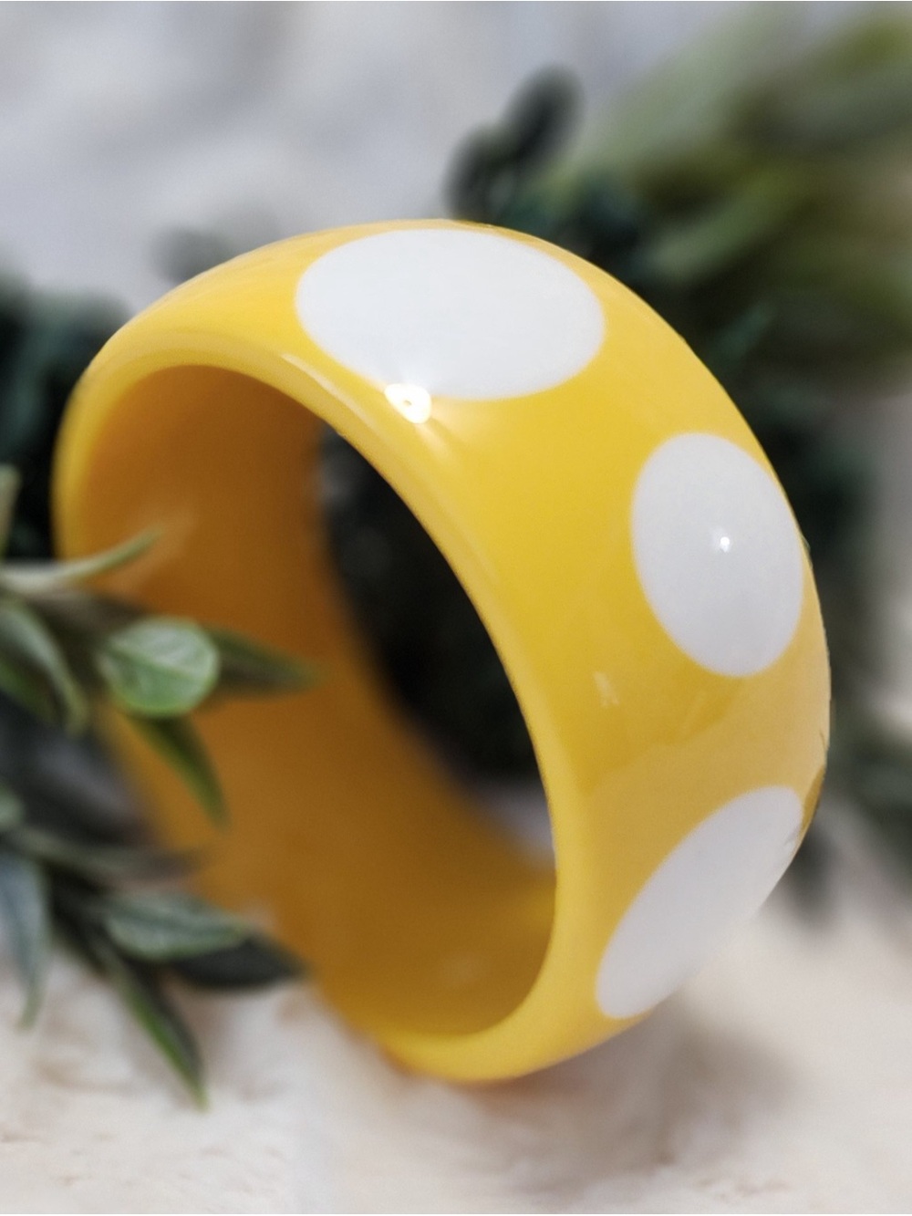 Vintage Yellow & White Polka Dot Wide Bangle Bracelet - Mod Retro